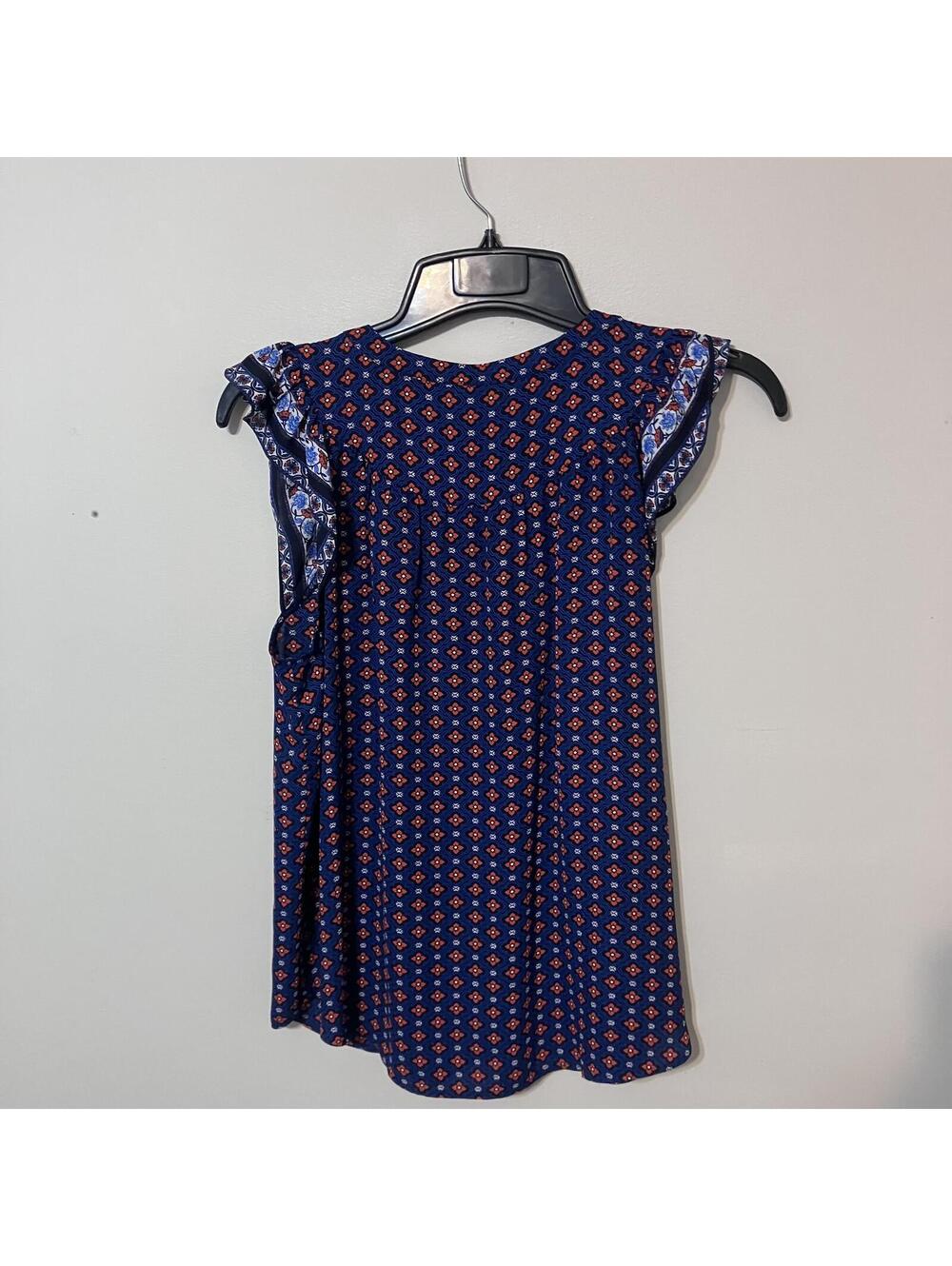 LOFT Women's Preppy Boho Chic Navy Orange Floral Romantic Ruffle Blouse Medium - Picture 3 of 3